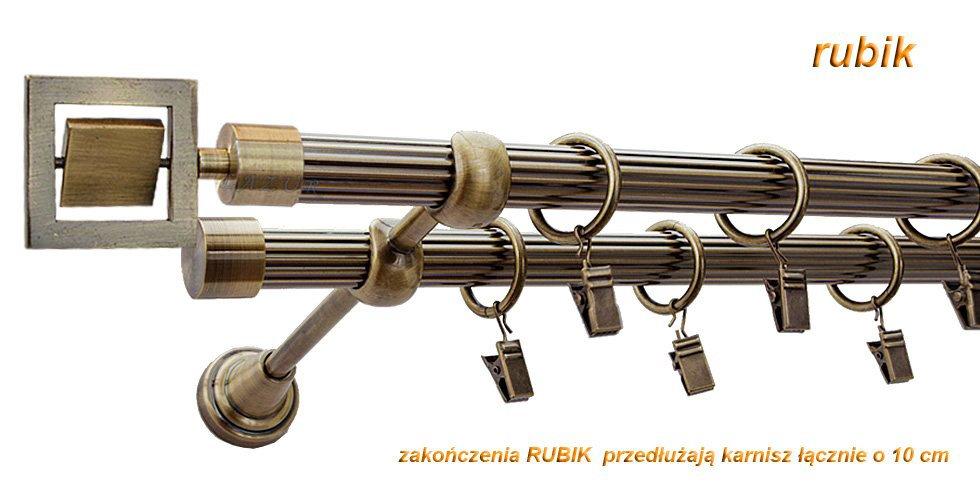 Karnisz RUBIK Antyk Mosiądz, Podwójny 19 + 19 rura ryflowana - 200 cm - obrazek 2