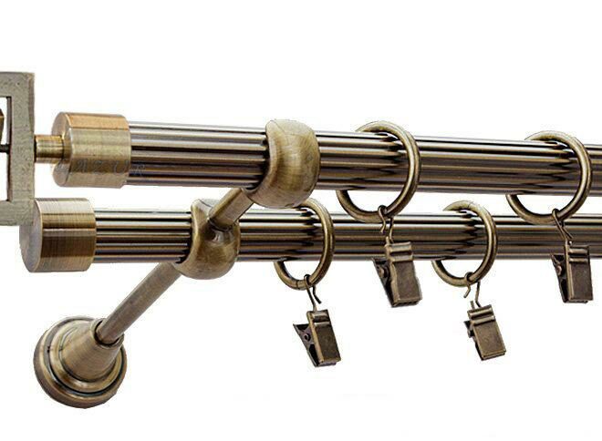 Karnisz RUBIK Antyk Mosiądz, Podwójny 19 + 19 rura ryflowana - 480 cm