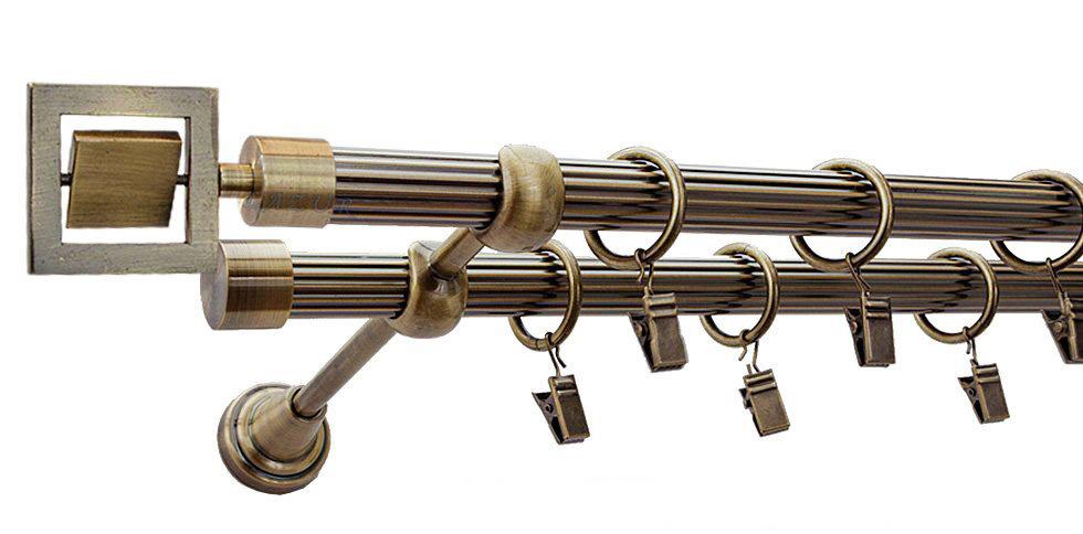 Karnisz RUBIK Antyk Mosiądz, Podwójny 19 + 19 rura ryflowana - 200 cm