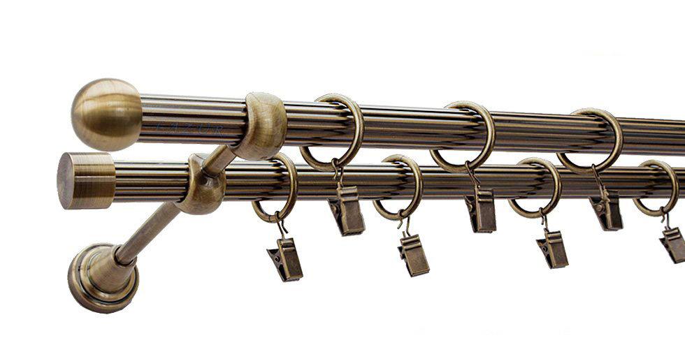 Karnisz KULA Antyk Mosiądz, Podwójny 19 + 19 rura ryflowana - 400 cm