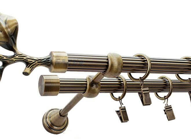 Karnisz LIŚĆ RÓŻY Antyk Mosiądz, Podwójny 19 + 19 rura ryflowana - 480 cm