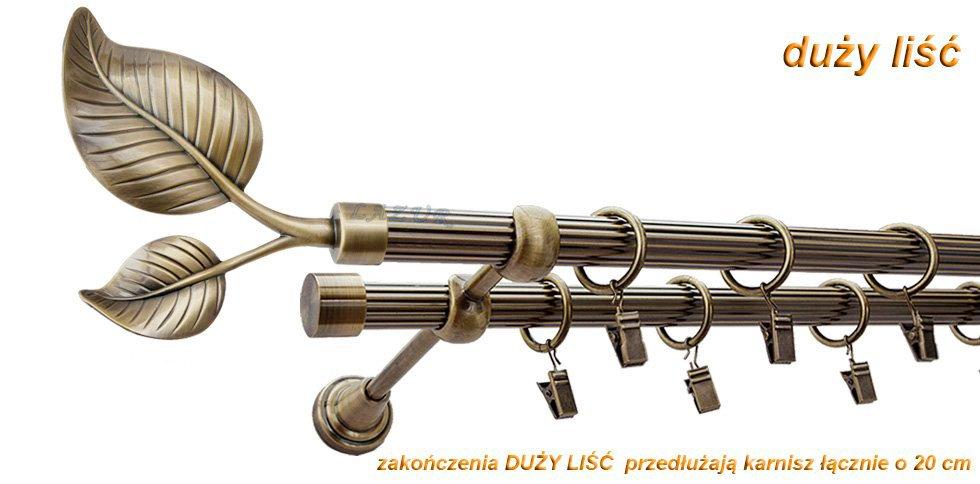 Karnisz DUŻY LIŚĆ Antyk Mosiądz, Podwójny 19 + 19 rura ryflowana - 200 cm - obrazek 2