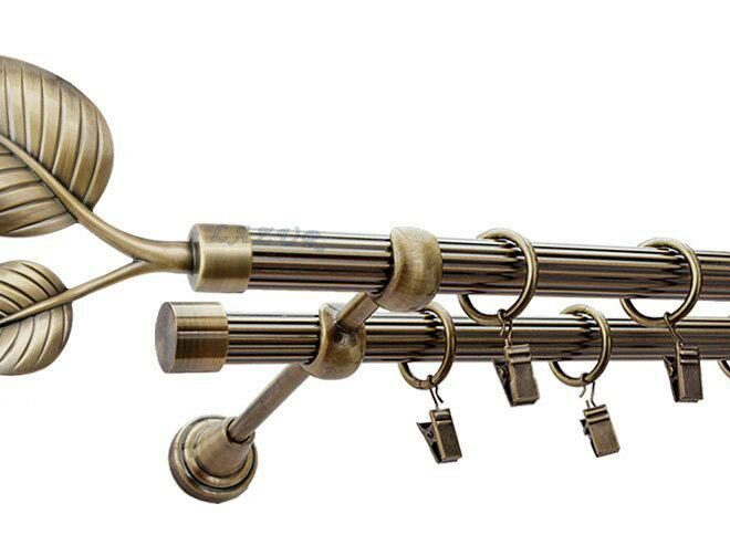 Karnisz DUŻY LIŚĆ Antyk Mosiądz, Podwójny 19 + 19 rura ryflowana - 480 cm