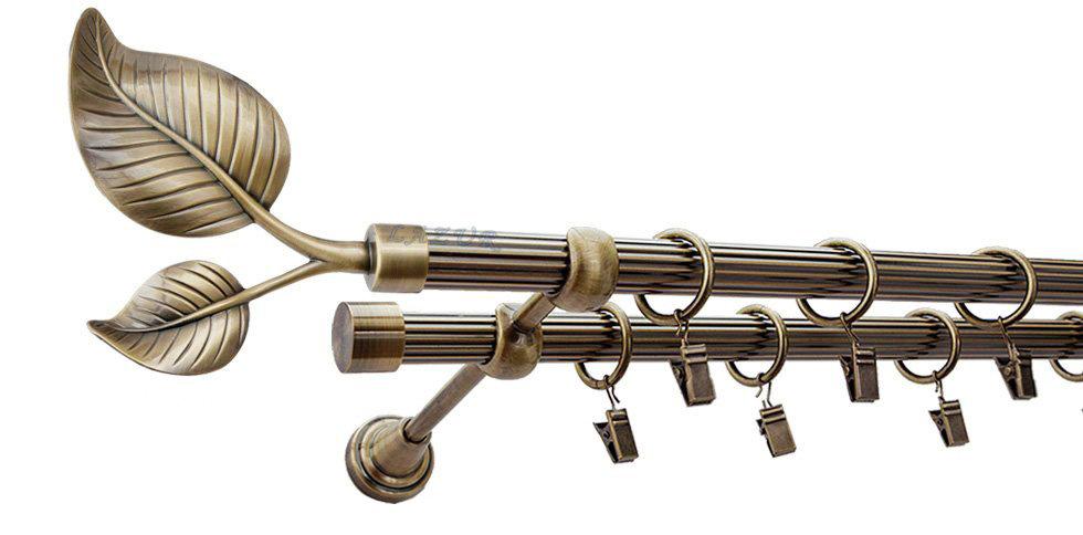 Karnisz DUŻY LIŚĆ Antyk Mosiądz, Podwójny 19 + 19 rura ryflowana - 200 cm