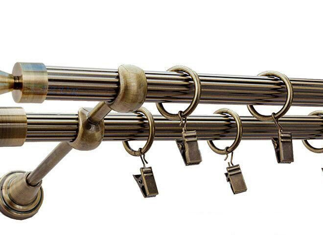 Karnisz STYLUS Antyk Mosiądz, Podwójny 19 + 19 rura ryflowana - 480 cm