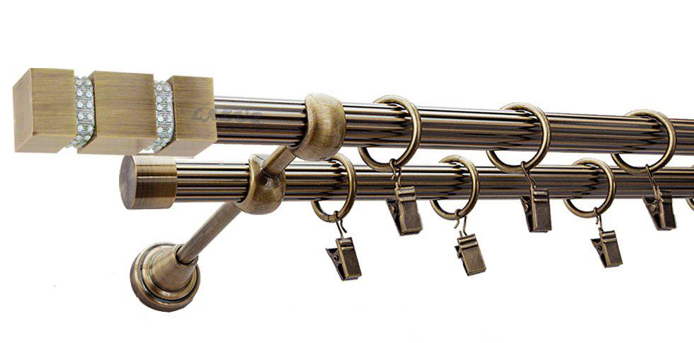 Karnisz FOSSI Antyk Mosiądz, Podwójny 19 + 19 rura ryflowana - 200 cm