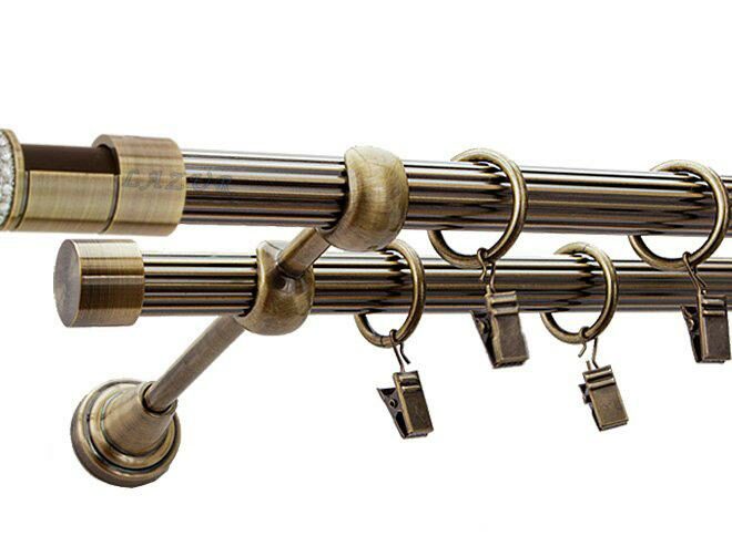 Karnisz DANTE Antyk Mosiądz, Podwójny 19 + 19 rura ryflowana - 480 cm