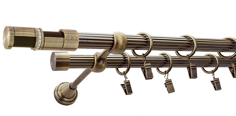 Karnisz DANTE Antyk Mosiądz, Podwójny 19 + 19 rura ryflowana - 160 cm