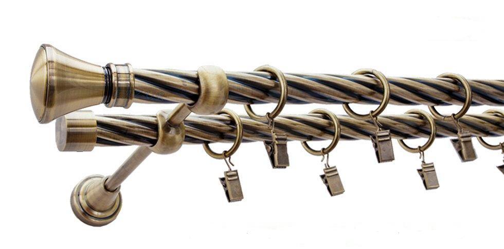 Karnisz LUXOR Antyk Mosiądz, Podwójny 19 + 19 rura skrętna - 400 cm