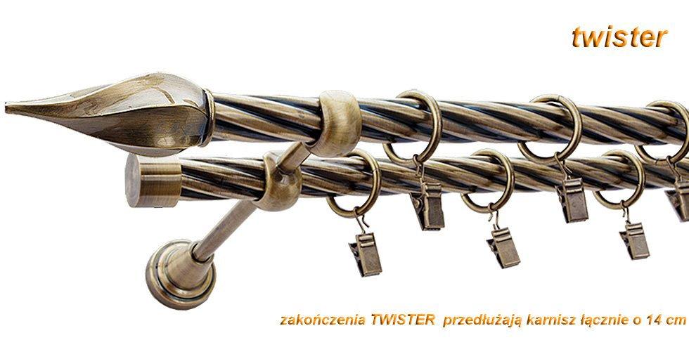 Karnisz TWISTER Antyk Mosiądz, Podwójny 19 + 19 rura skrętna - 160 cm - obrazek 3