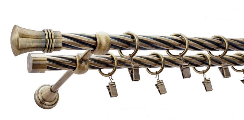 Karnisz PRINCE Antyk Mosiądz, Podwójny 19 + 19 rura skrętna - 240 cm