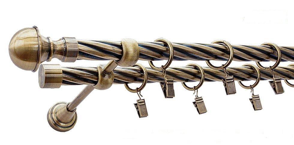 Karnisz BOSTON Antyk Mosiądz, Podwójny 19 + 19 rura skrętna - 320 cm