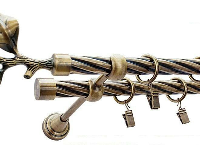 Karnisz LIŚĆ RÓŻY Antyk Mosiądz, Podwójny 19 + 19 rura skrętna - 480 cm