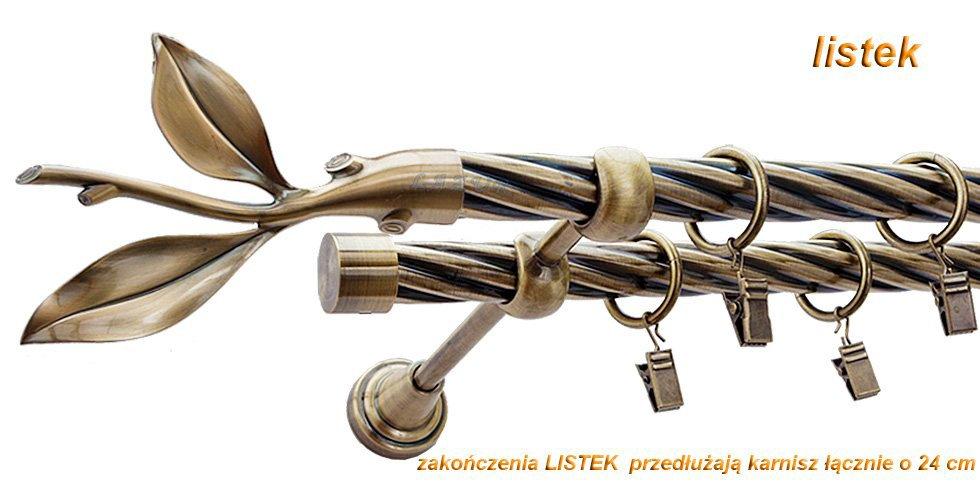 Karnisz LISTEK Antyk Mosiądz, Podwójny 19 + 19 rura skrętna - 400 cm - obrazek 3