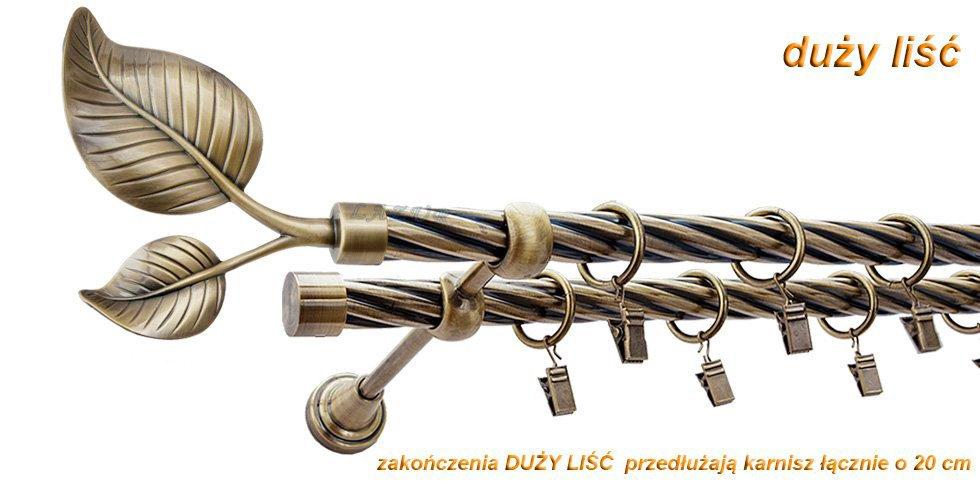 Karnisz DUŻY LIŚĆ Antyk Mosiądz, Podwójny 19 + 19 rura skrętna - 320 cm - obrazek 3
