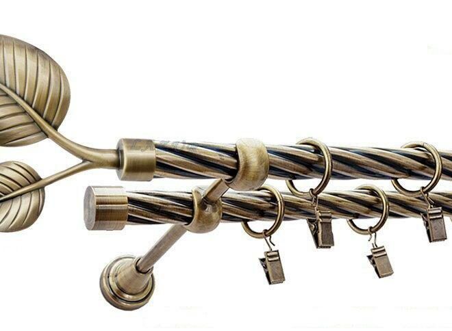 Karnisz DUŻY LIŚĆ Antyk Mosiądz, Podwójny 19 + 19 rura skrętna - 480 cm