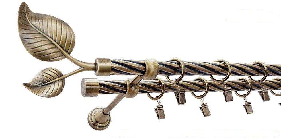 Karnisz DUŻY LIŚĆ Antyk Mosiądz, Podwójny 19 + 19 rura skrętna - 320 cm