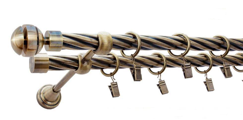 Karnisz GLORY Antyk Mosiądz, Podwójny 19 + 19 rura skrętna - 160 cm