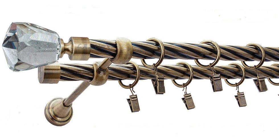 Karnisz TRAVO Antyk Mosiądz, Podwójny 19 + 19 rura skrętna - 240 cm