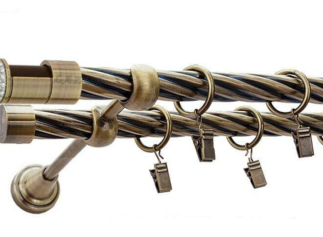 Karnisz DANTE Antyk Mosiądz, Podwójny 19 + 19 rura skrętna - 480 cm