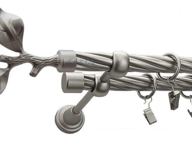 Karnisz LIŚĆ RÓŻY Satyna Nikiel, Podwójny 19 + 19 rura skrętna - 480 cm