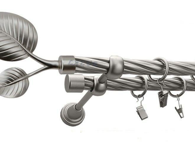 Karnisz DUŻY LIŚĆ Satyna Nikiel, Podwójny 19 + 19 rura skrętna - 480 cm