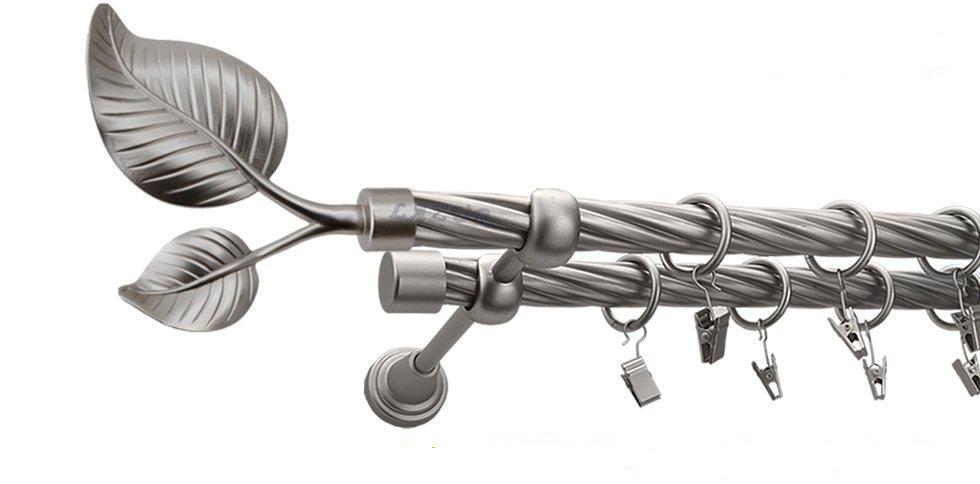 Karnisz DUŻY LIŚĆ Satyna Nikiel, Podwójny 19 + 19 rura skrętna - 400 cm