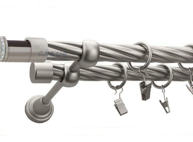 Karnisz DANTE Satyna Nikiel, Podwójny 19 + 19 rura skrętna - 480 cm