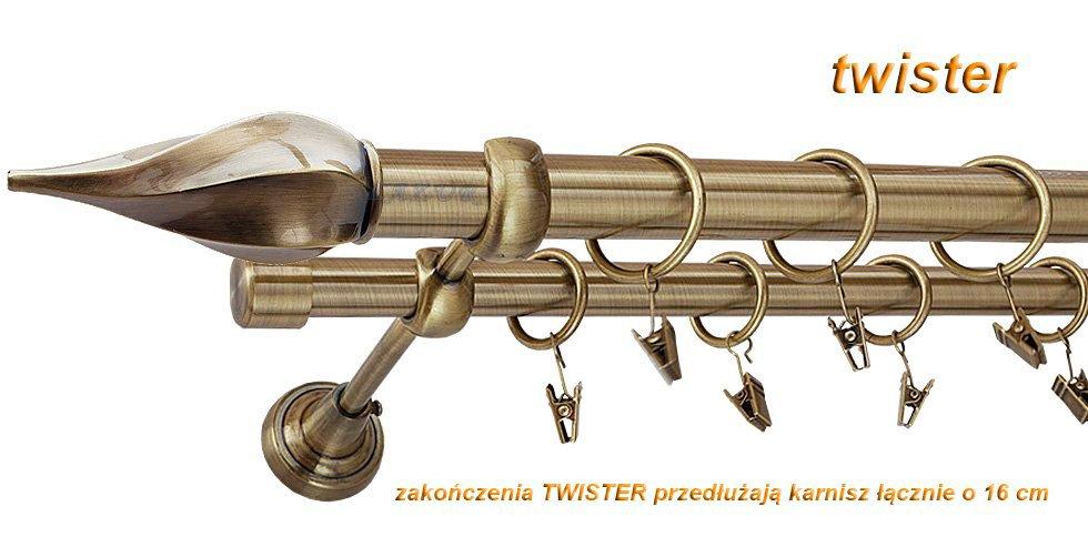 Karnisz TWISTER Antyk Mosiądz, Podwójny 25 +19 rura gładka - 140 cm - obrazek 3