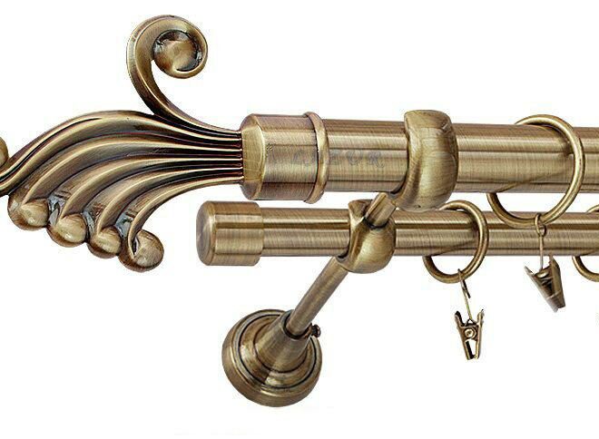 Karnisz FANTAZJA Antyk Mosiądz, Podwójny 25 +19 rura gładka - 320 cm