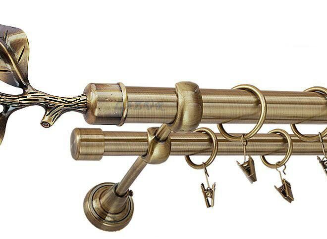 Karnisz LIŚĆ RÓŻY Antyk Mosiądz, Podwójny 25 +19 rura gładka - 240 cm