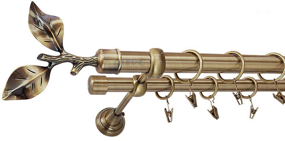 Karnisz LIŚĆ RÓŻY Antyk Mosiądz, Podwójny 25 +19 rura gładka - 240 cm