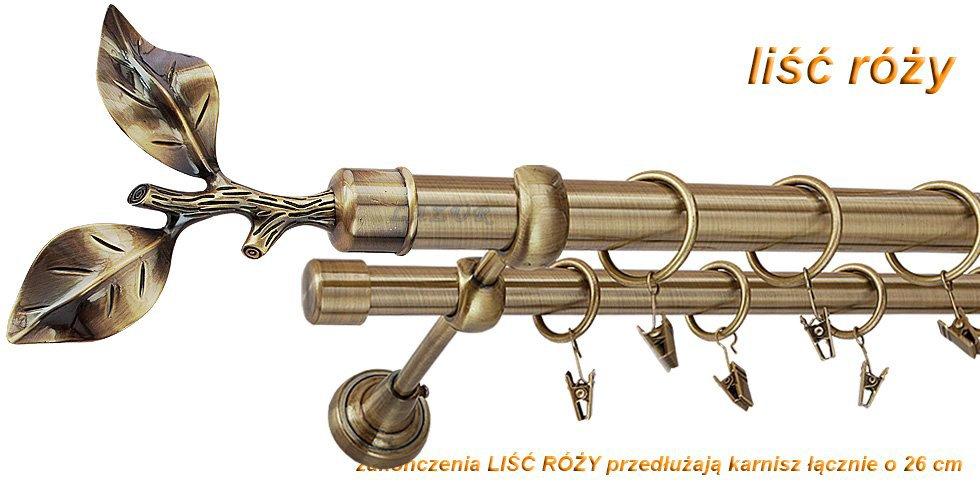 Karnisz LIŚĆ RÓŻY Antyk Mosiądz, Podwójny 25 +19 rura gładka - 240 cm - obrazek 3
