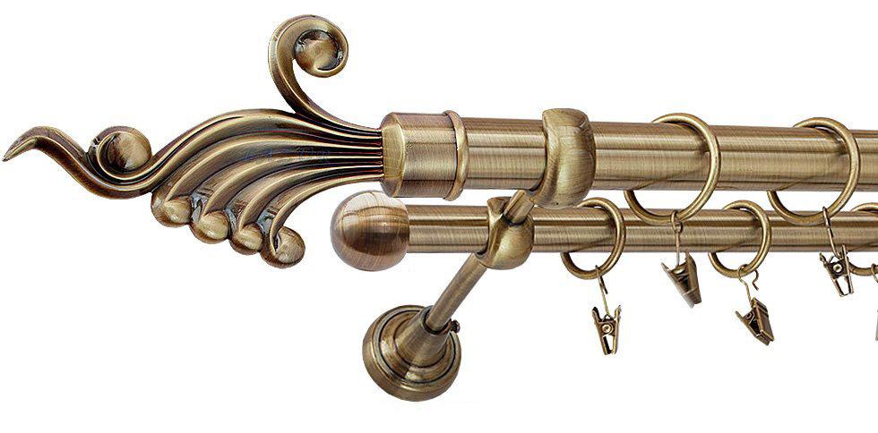 Karnisz FANTAZJA Antyk Mosiądz, Podwójny 25 +16 rura gładka - 140 cm