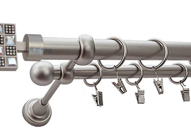 Karnisz HELIOS Satyna Nikiel, Podwójny 25 +16 rura gładka - 260 cm